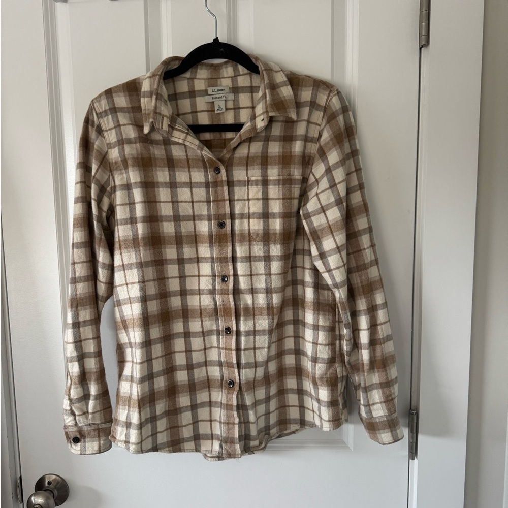 L.L. Bean Women’s Cream and Brown Plaid Button-Down Shirt